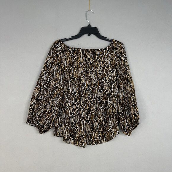 Diane von Furstenberg Blouse Womens 8 Black Gold White Silk Tie Waist Peasant - Picture 10 of 16